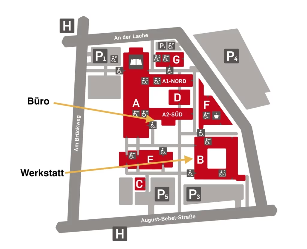 Straßen und Gebäudeplan des Sitzes der Scurderia Mensa in der Hochschule Rheinmain in Rüsselsheim.